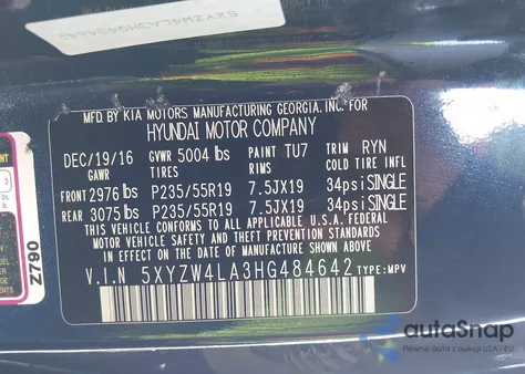 2017 Hyundai Santa Fe Sport 2.0T Ultimate z USA, uszkodzony, nr VIN 5XYZW4LA3HG484642